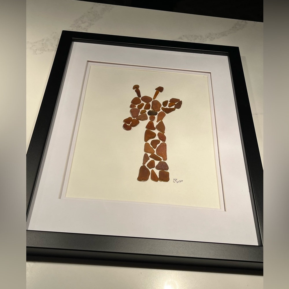 New.  Sea glass giraffe framed art.  Measures 12” x 15”. - Picture 3 of 9